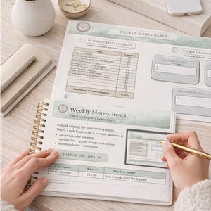 May include: A spiral-bound planner open to a page titled "Weekly Money Reset." The page includes a checklist, a section for weekly focus, and a section for tasks. A gold pen is held over the planner. Other items on the table include a notepad, a phone, and a small vase.