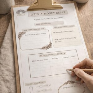 May include: A clipboard with a "Weekly Money Reset" planner. The planner includes sections for weekly goals, bill tracking, and financial progress. A hand is holding a pencil, ready to write. A lit candle and a cup are in the background.