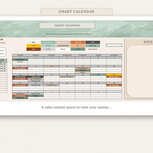 Könnte beinhalten: Ein digitaler Smart-Kalender für Februar 2026 mit farbcodiertem Schlüssel für Ausgaben. Der Kalender enthält Abschnitte für Einnahmen, Ausgaben und Notizen. Der Text "Smart Calendar" steht oben.