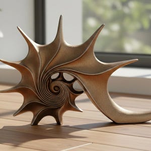 May include: Bronze-colored abstract sculpture with a spiral design and pointed edges. The sculpture has a textured surface and is displayed on a wooden surface near a window. The artwork has a unique, organic shape.