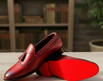 Burgundy Brogue Moccasins Tassel Loafers – Handmade Leather Slip-On Shoes for Men