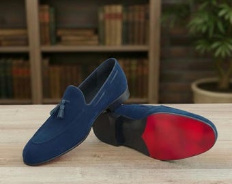 Blue Suede Tassel Loafers – Handmade Slip-On Leather Dress Shoes for Men