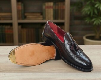 Handmade Dark Burgundy Leather Tassel Loafers with Matching Belt
