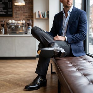 Handmade black leather double buckle monk strap shoes for men with classic formal design and metal buckle closure