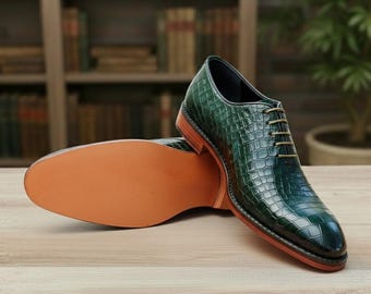 Green Wholecut Oxford Shoes – Handmade Leather Lace-Up Dress Shoes for Men