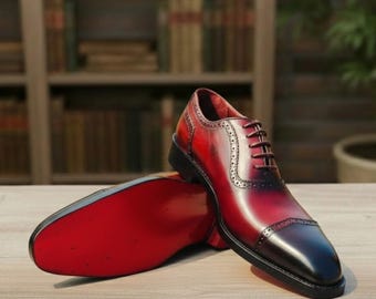 Burgundy Two Tone Oxford Shoes – Handmade Leather Lace-Up Dress Shoes for Men