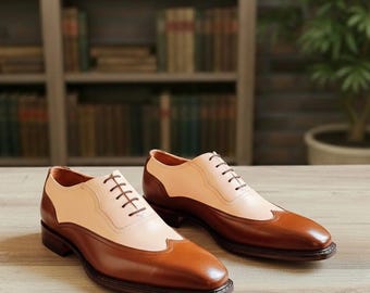 Two Tone Wingtip Oxford – Handmade Leather Brogue Dress Shoes for Men
