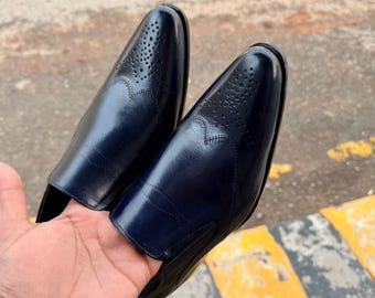 Pointed Toe Navy Blue Loafers – Handmade Leather Slip-On Shoes for Men