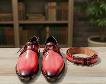 Pink Oxford Shoes with Matching Belt – Handmade Leather Dress Shoes for Men