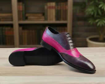 Handmade Two-Tone Leather Oxford Shoes – Dark Purple & Pink Dress Shoes