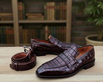 Handmade Croc-Embossed Leather Penny Loafers with Matching Belt