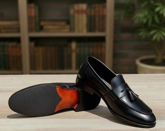 Black Moccasin Tassel Loafers – Full Grain Leather Goodyear Welted Shoes for Men