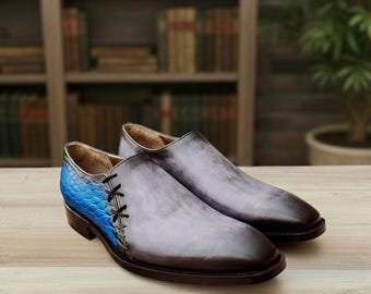 Grey and Blue Side Laces Oxford – Handmade Leather Dress Shoes for Men