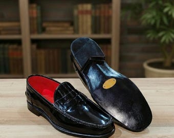 Black Patent Loafers – Handmade Formal Slip-On Dress Shoes for Men