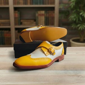 Handmade Two-Tone Leather Monk Strap Shoes – White & Yellow Dress Shoes