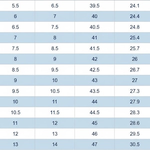 Men’s shoe size chart showing foot length measurement guide for custom handmade leather monkstrap shoes