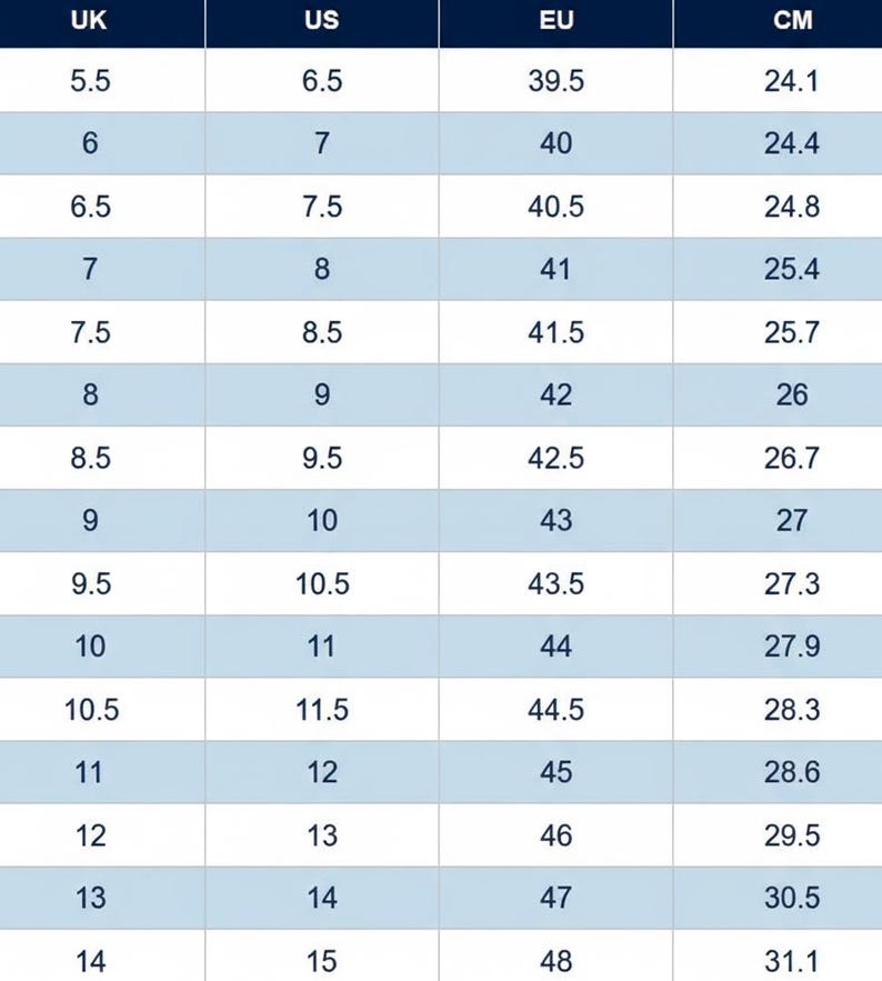 Men’s shoe size chart showing foot length measurement guide for custom handmade leather monkstrap shoes