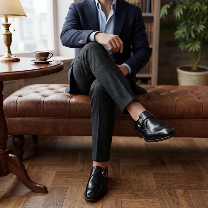 Handmade black leather single buckle monk strap shoes for men with classic formal design and metal buckle closure