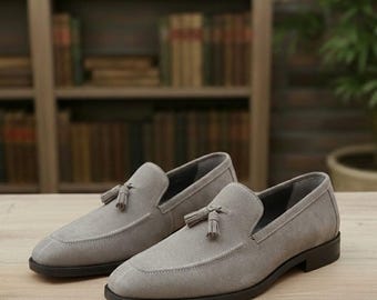 Grey Suede Tassel Loafers – Handmade Leather Slip-On Shoes for Men