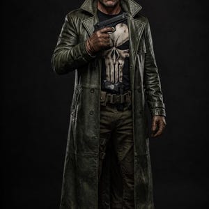 Men's Green Leather Trench Jacket | Skull Patch Vigilante Long Coat Style | Handmade Halloween Costume