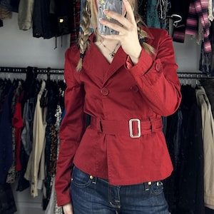 Red Cotton Belted Blazer Jacket: Vintage Style Double Breasted Coat.