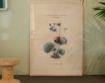 Plakat z biedronką – vintage japoński plakat z biedronką – wystrój domu w stylu naturalnym – minimalistyczna ilustracja owada