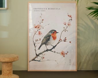 Dekoracje do domu z motywem rudzika w stylu vintage, plakat z kolorowym ptakiem, nadruki Cottagecore, sztuka ścienna z motywem botanicznym