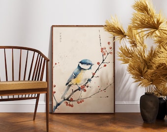 Grafika ścienna z modrą sikorką, nadruk z ptakiem w stylu vintage, plakat botaniczny Cottagecore