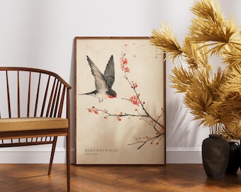 Akwarelowa sztuka ścienna z jaskółką, artystyczny nadruk z ptakiem, plakat botaniczny Cottagecore