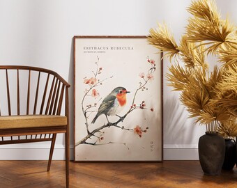 Decoração Vintage com Pôster de Pássaro Robin, Estampas Cottagecore, Arte Botânica para Parede