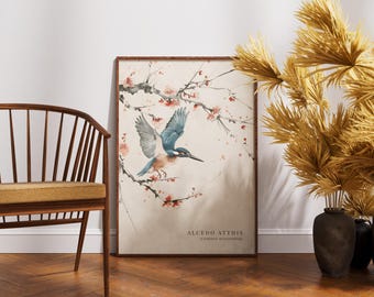 Plakat z zimorodkiem, sztuka ścienna z ptakami w stylu vintage, wydruk botaniczny Cottagecore