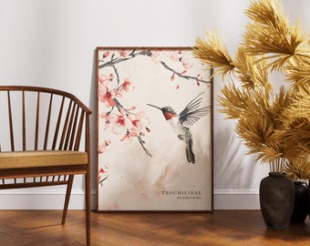 Grafika ścienna z kolibrem, plakat z ptakiem, wystrój domu Cottagecore, vintage'owy nadruk botaniczny
