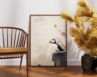 Grafika ścienna z maskonurem, vintage'owy nadruk z maskonurem atlantyckim, wystrój domu Cottagecore, plakat botaniczny