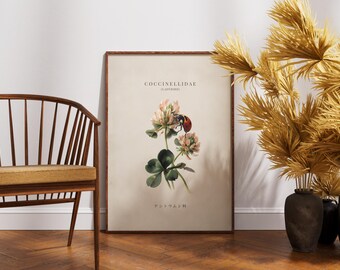 Botaniczna dekoracja ścienna z biedronką, kolorowy plakat z akwarelową biedronką, wystrój domu Cottagecore, wydruki vintage