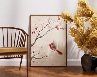 Północny kardynał, grafika ścienna, artystyczny nadruk z ptakiem, plakat botaniczny w stylu vintage, wystrój domu Cottagecore