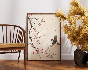 Vintage'owe grafiki z dzięciołami, sztuka piękna, dekoracja ścienna z ptakami Cottagecore, japoński botaniczny wystrój domu