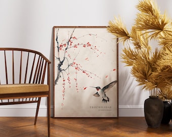 Sztuka ścienna z kolibrem w stylu vintage, plakat z ptakiem, wystrój domu w stylu cottagecore, zabytkowe grafiki botaniczne