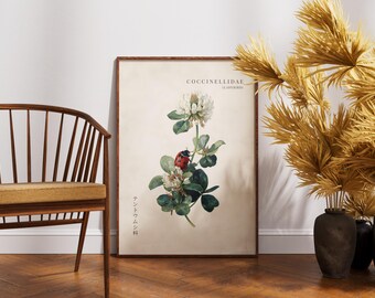 Sztuka ścienna z biedronką, plakat z akwarelą w stylu vintage z biedronką, wystrój domu Cottagecore, japońskie grafiki botaniczne