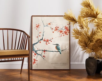 Zimorodek, grafika ścienna z ptakiem w stylu vintage, plakat botaniczny Cottagecore