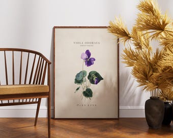 Fioletowy kwiat na ścianę – plakat botaniczny – wystrój domu w stylu naturalnym – wydruk z motywem kwiatowym na miesiąc urodzenia – luty