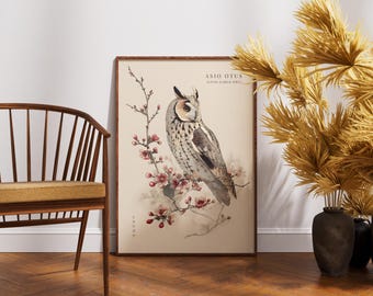 Plakat ścienny z sową uszatą, vintage'owy brytyjski nadruk z ptakami, plakat botaniczny Cottagecore