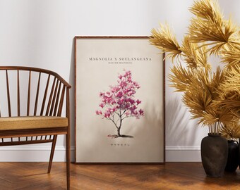 Plakat z motywem magnolii w stylu vintage – dekoracja ścienna z motywem drzewa – wystrój domu Flora – plakat z akwarelowymi kwiatami