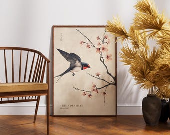 Grafika ścienna z jaskółką, artystyczny nadruk z ptakiem, plakat botaniczny Cottagecore