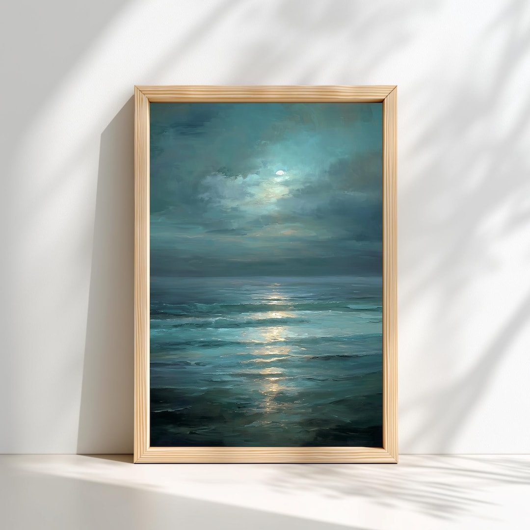 Moonlit Teal Seascape Oil Painting Print | Coastal Wall Art Night Ocean ...