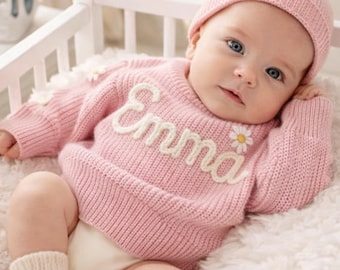 Personalized Baby Jumper with Hand-Embroidered Name, Custom Baby Girl & Boy Sweater, Christmas - Birthday Gift