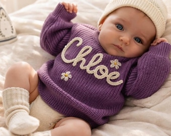 Personalized Baby Girl Jumper with Name, Hand-Embroidered Sweater, Custom Newborn Outfit, Christmas Birthday Gift