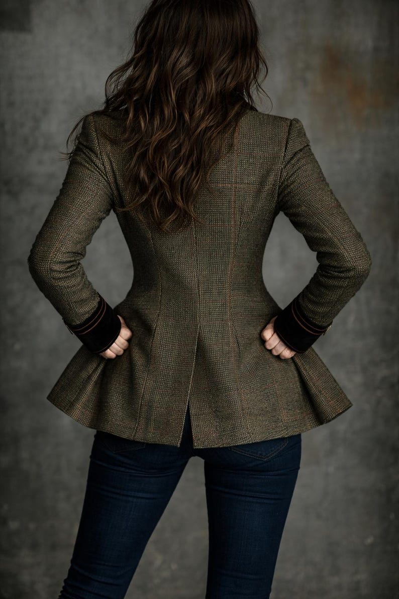 Pu&ograve; includere: Giacca in tweed verde oliva con peplo svasato. Presenta un sottile motivo a quadri, polsini in velluto scuro e uno spacco sulla schiena. La persona indossa jeans blu scuro.