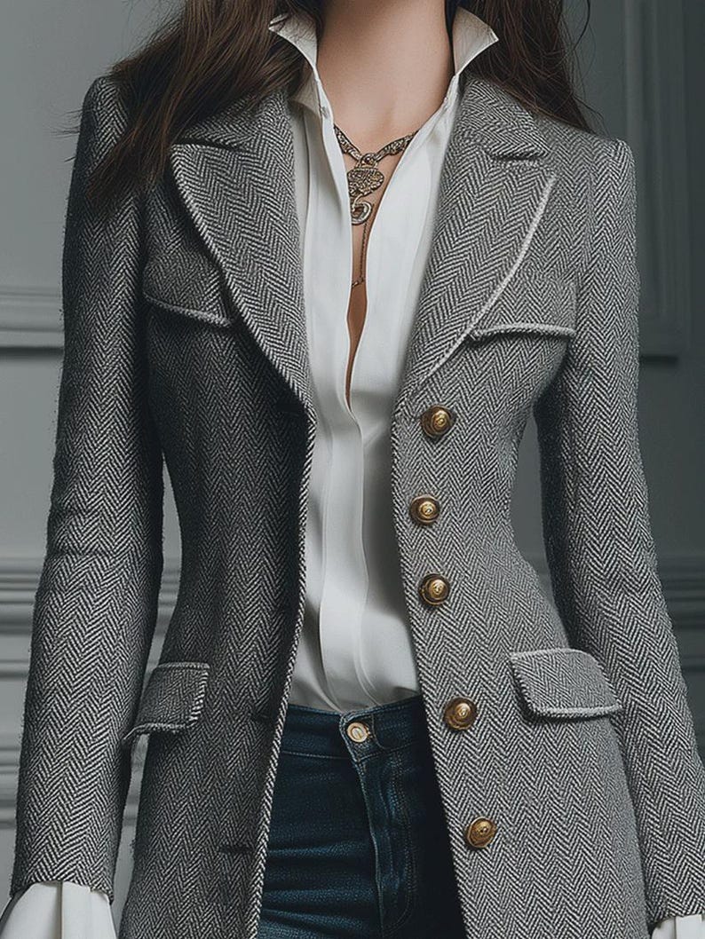 Puede incluir: Una blazer gris con estampado de espiga con botones dorados y ribete blanco. La blazer se lleva sobre una camisa blanca con cuello y vaqueros azules. Se ve un collar dorado. La blazer tiene dos bolsillos delanteros.