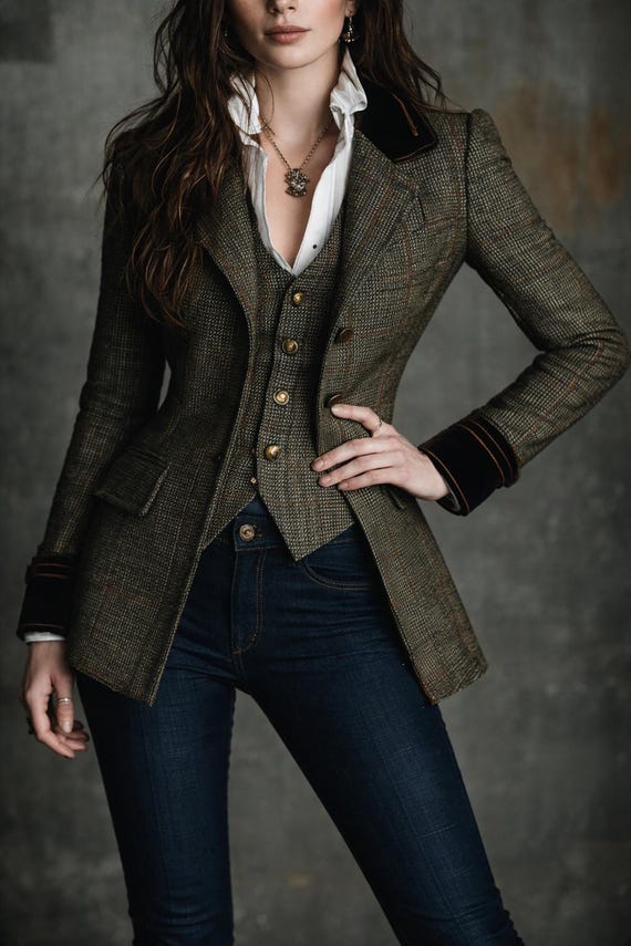 Vintage Olive Brown Plaid Tailored Jacket for Women, Heritage Style Blazer, Classic Tweed Jacket, Elegant Fall Winter Coat