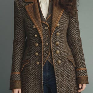 May include: A brown herringbone pattern coat with a double-breasted design. The coat features a contrasting brown collar, trim, and buttons. The coat is worn over a vest and a white collared shirt.
